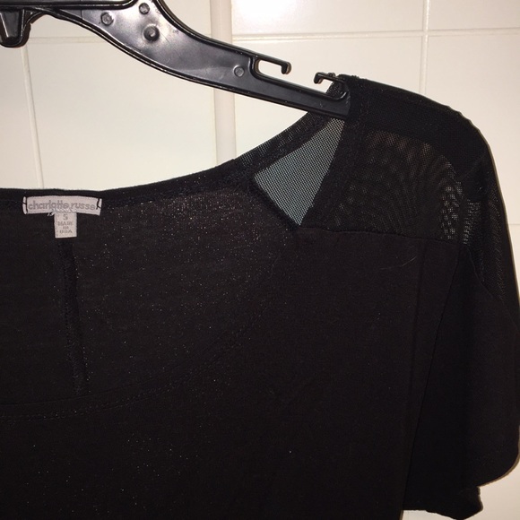 Charlotte Russe Women’s Black Short Sleeve Tee-Shirt | Sheer Shoulders - Picture 2 of 5